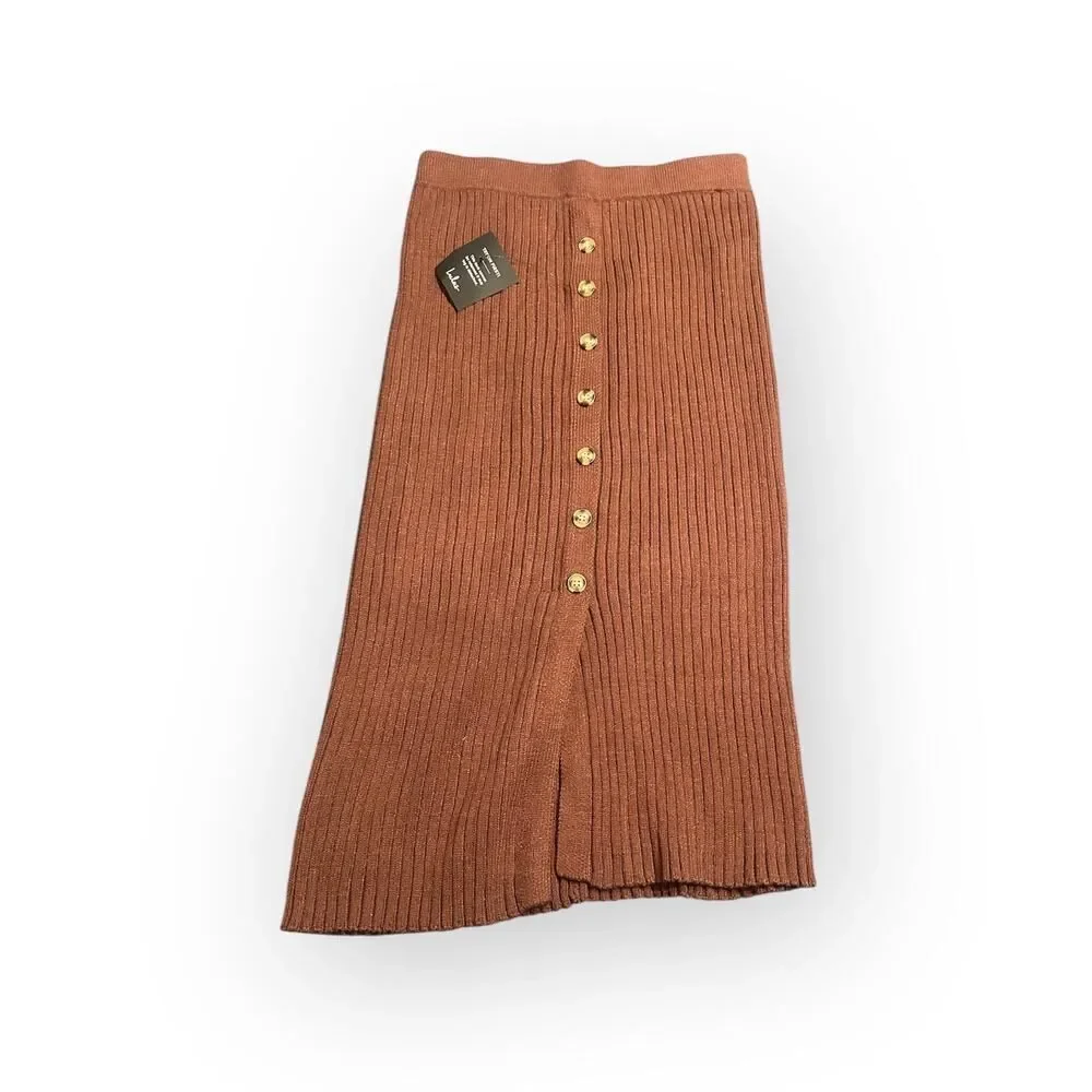 Lulus Ribbed Midi Skirt Women's Large Brown Button Stretchy Slit Elastic Waist